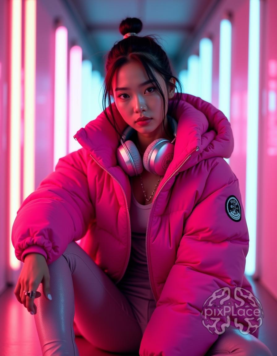 Young Asian woman in pink puffer jacket and leggings with silver headphones in a neon-lit corridor.