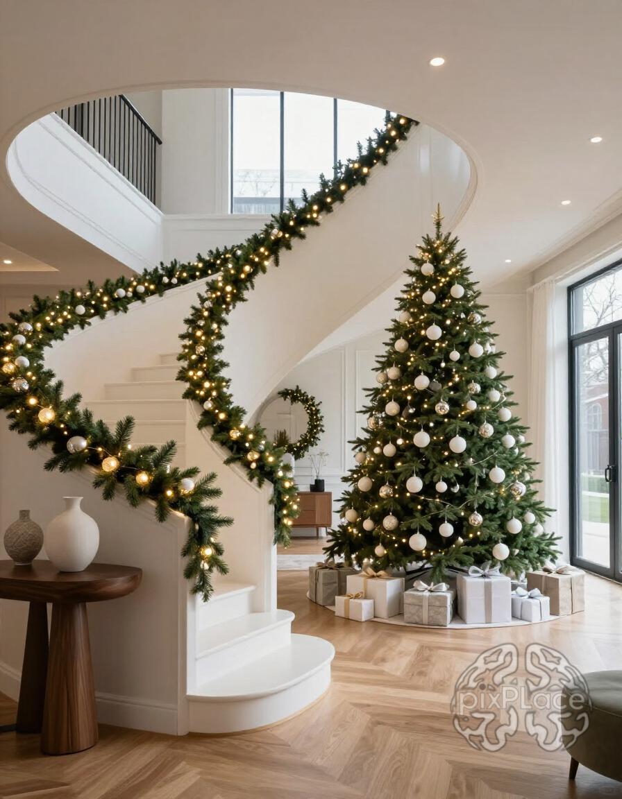 A modern home entryway decorated for Christmas with a white curved staircase, Christmas tree, and dark wooden console table.