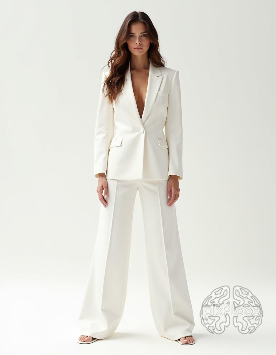 Woman in white pantsuit with plunging neckline, standing against a white background.
