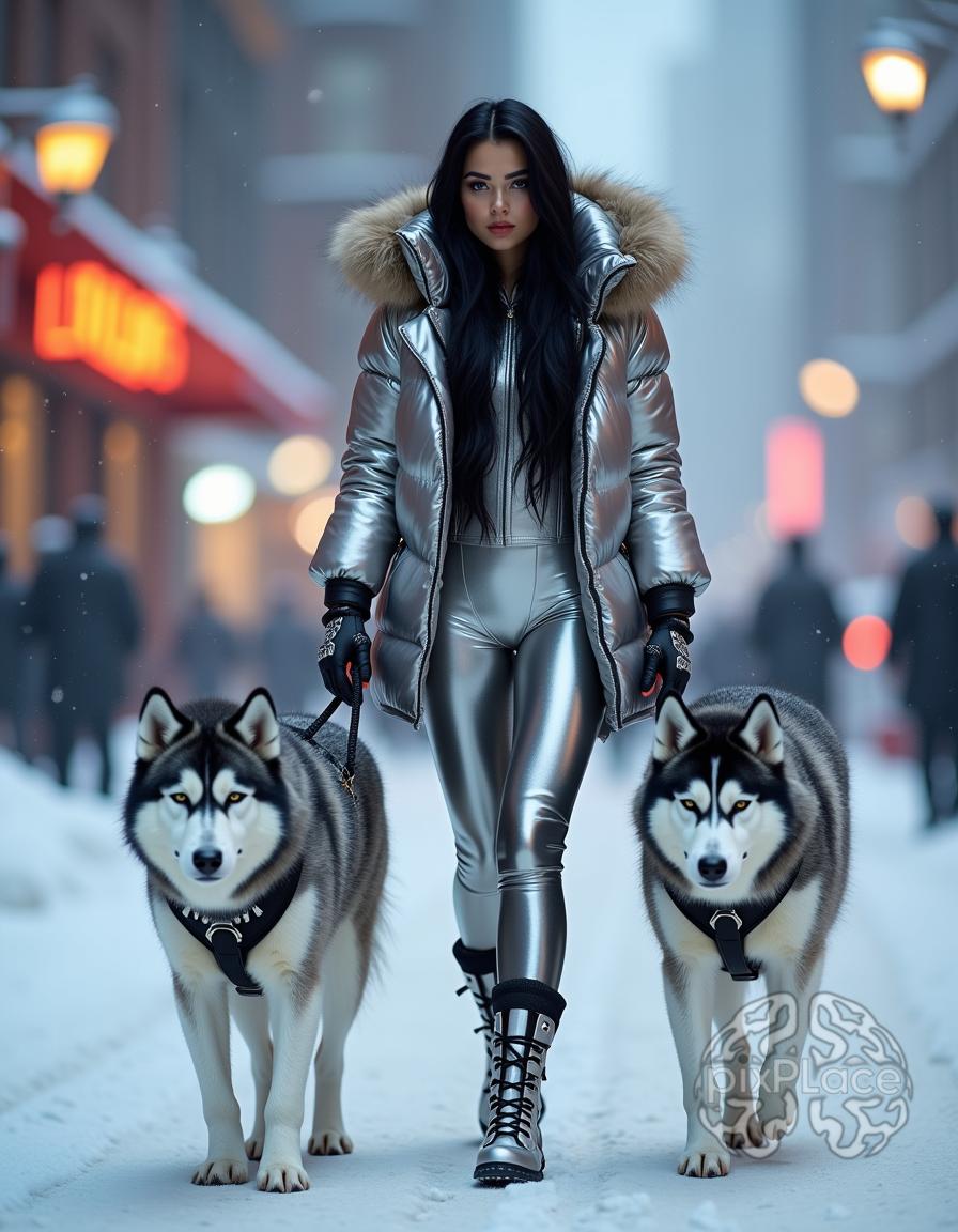 Woman in silver futuristic outfit walking huskies on a snowy street