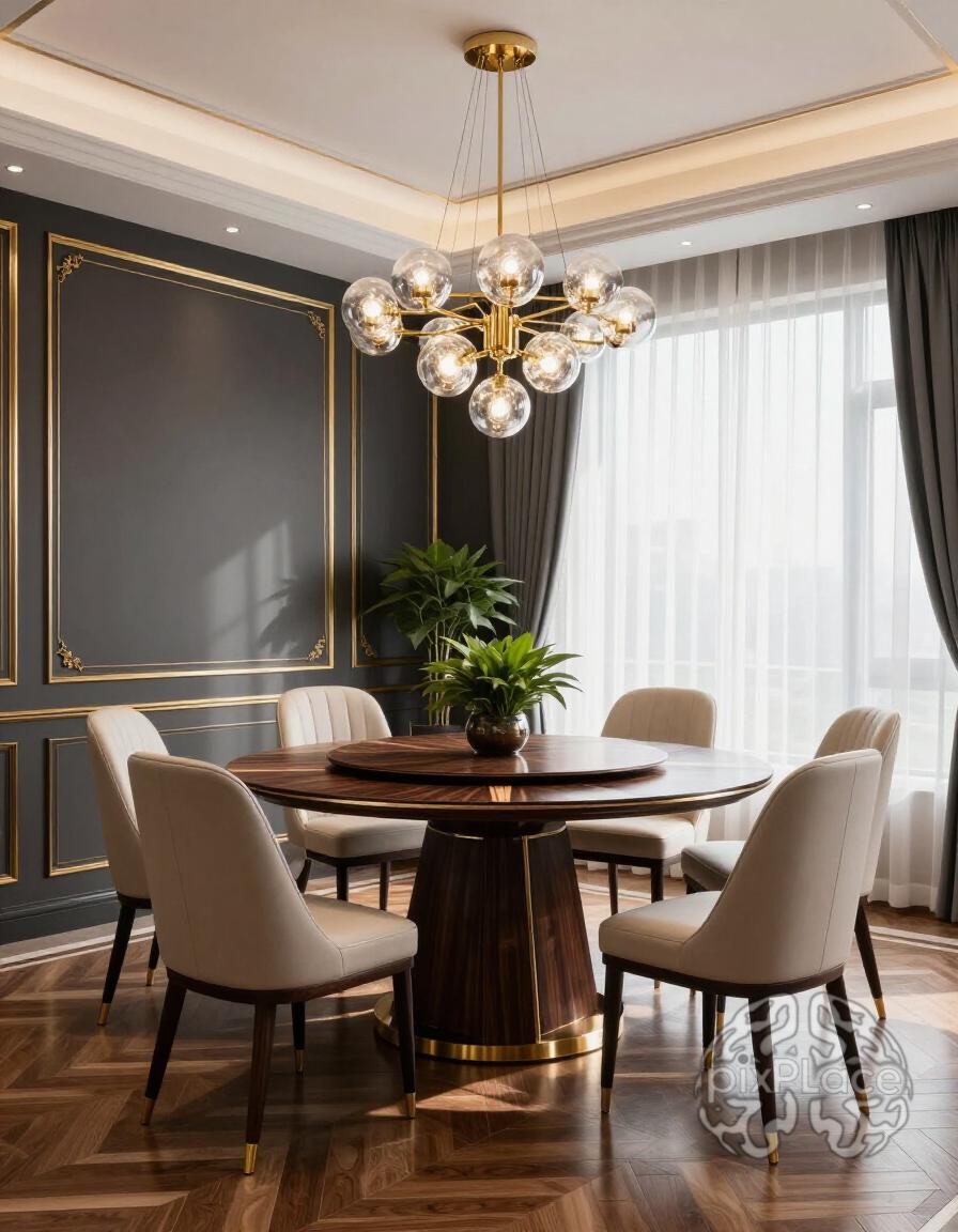 A luxurious dining room with a round table, beige chairs, and a modern chandelier, set against dark gray walls and a large window with sheer curtains.