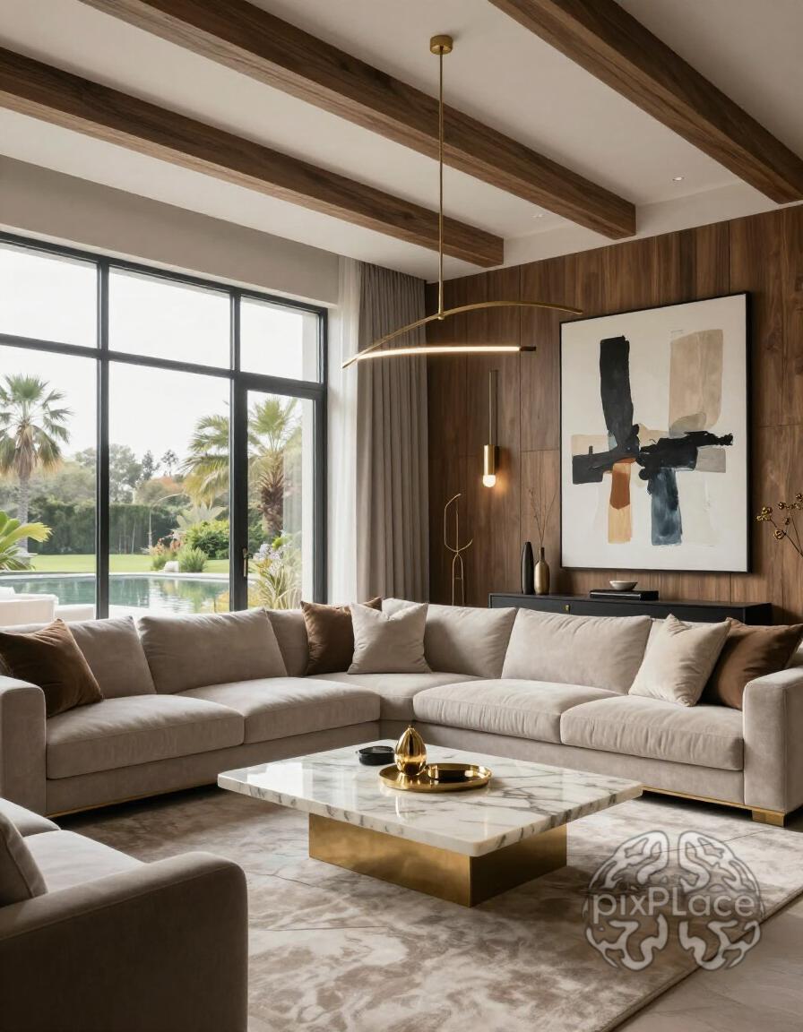 A luxurious living room with a white sectional sofa, marble coffee table, and gold accents, surrounded by large windows and a minimalist chandelier.