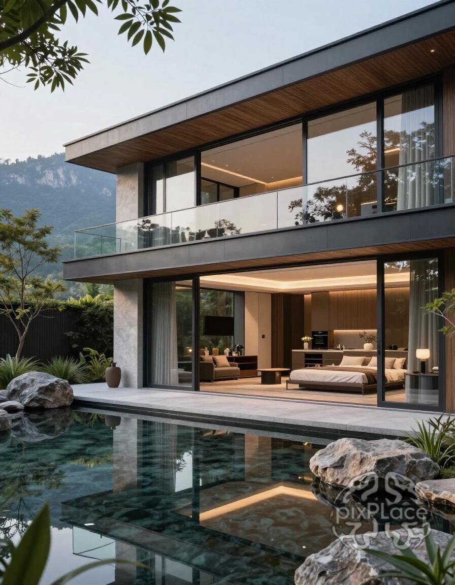 A modern house with a balcony and pool surrounded by mountains and trees