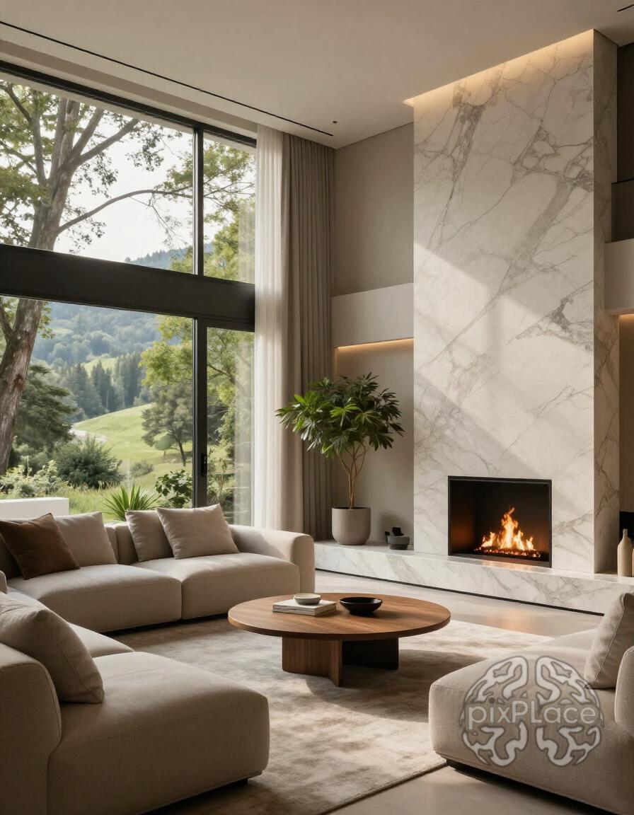 A modern living room with a beige sofa, round coffee table, and marble fireplace, overlooking a lush forest through large windows.