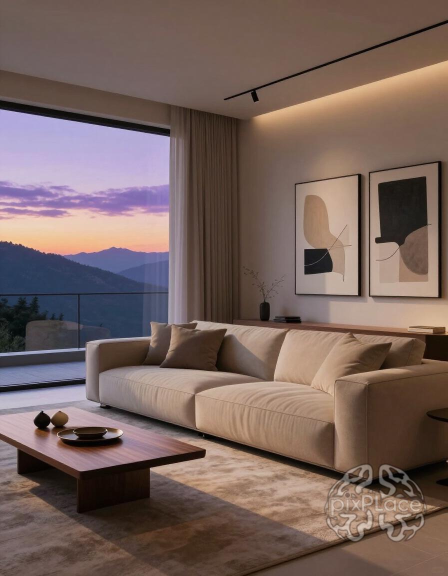 A modern living room with a beige couch and abstract art, overlooking a mountain landscape through a large window.