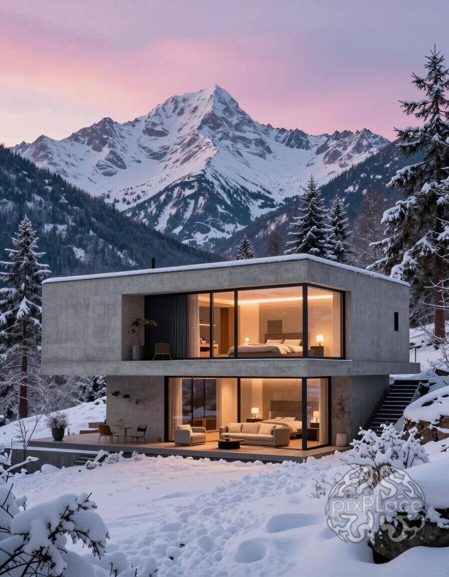A modern concrete house in the snow with large glass windows showing a cozy interior.