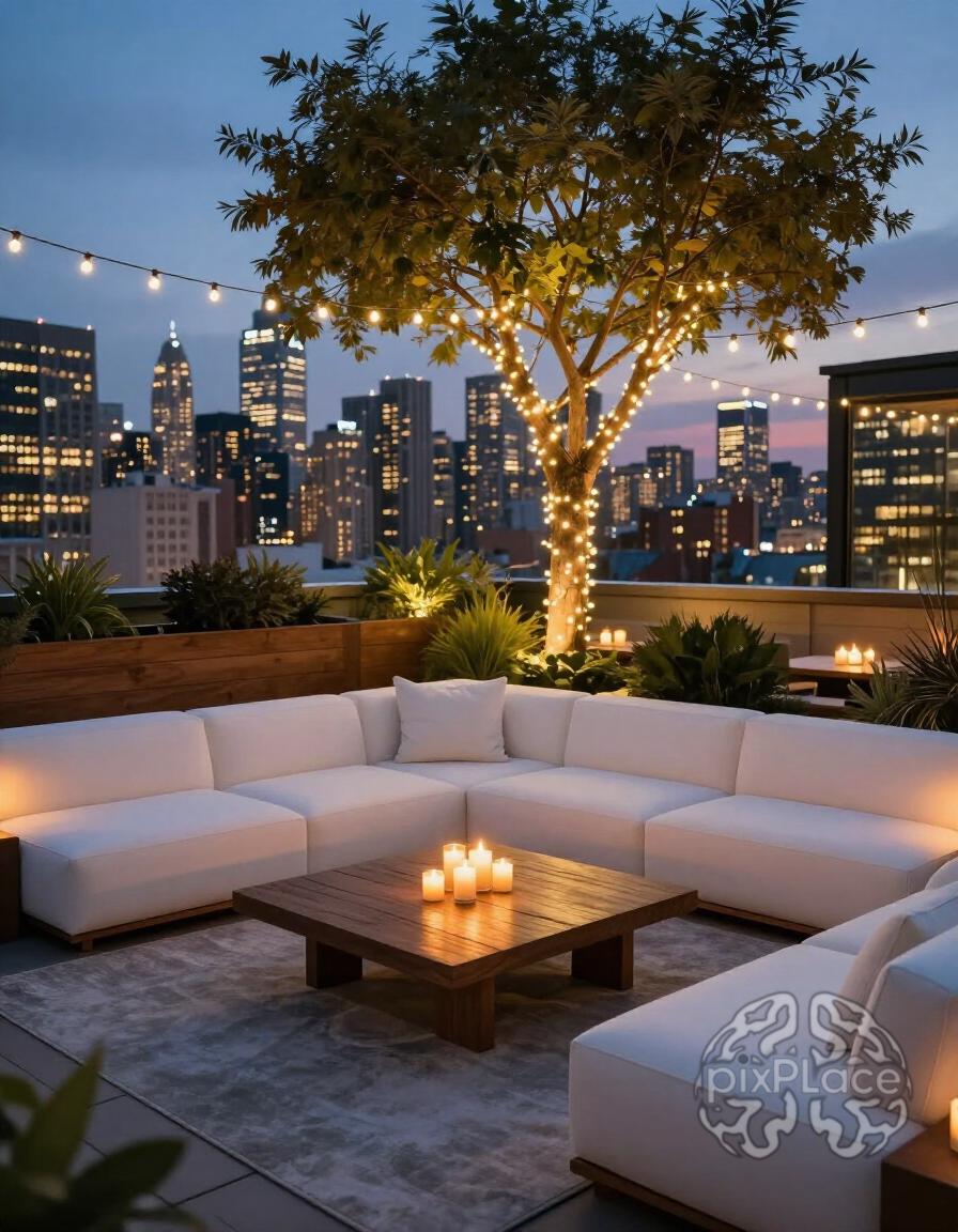 A cozy rooftop lounge with a white sectional sofa, lit candles, and string lights against a city skyline at dusk.