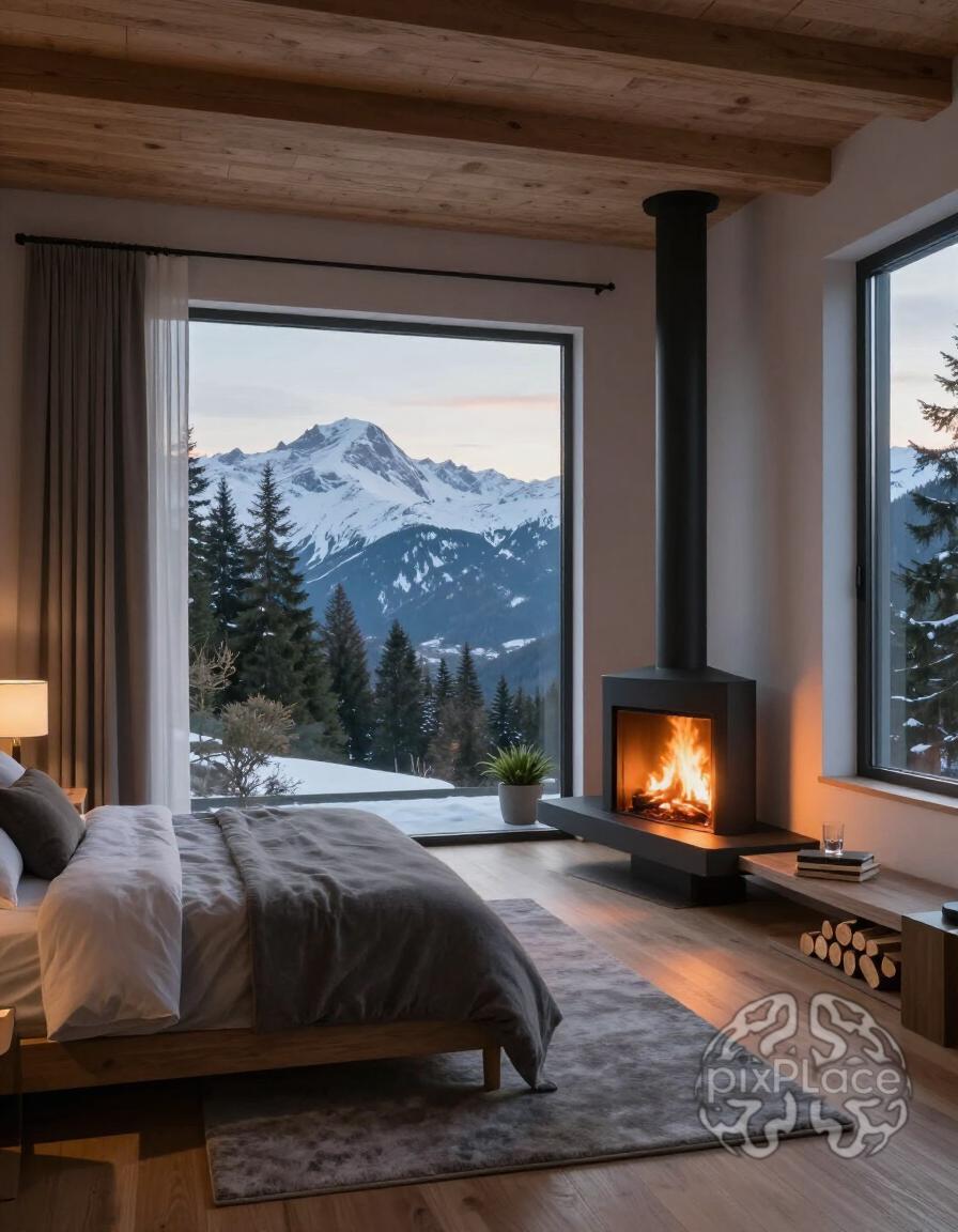 A modern bedroom with a large window showing snow-capped mountains, a fireplace, and minimalist decor.