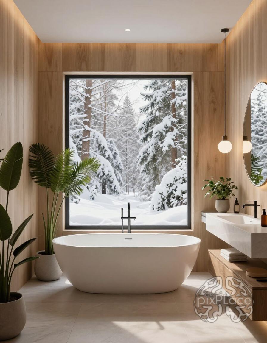 Modern bathroom with wooden walls, freestanding bathtub, double sink, and snowy forest view