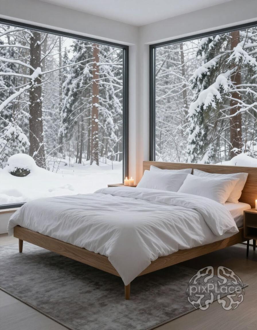 A serene bedroom with a large window showing a snowy forest, a minimalist bed, and warm candlelight on bedside tables.