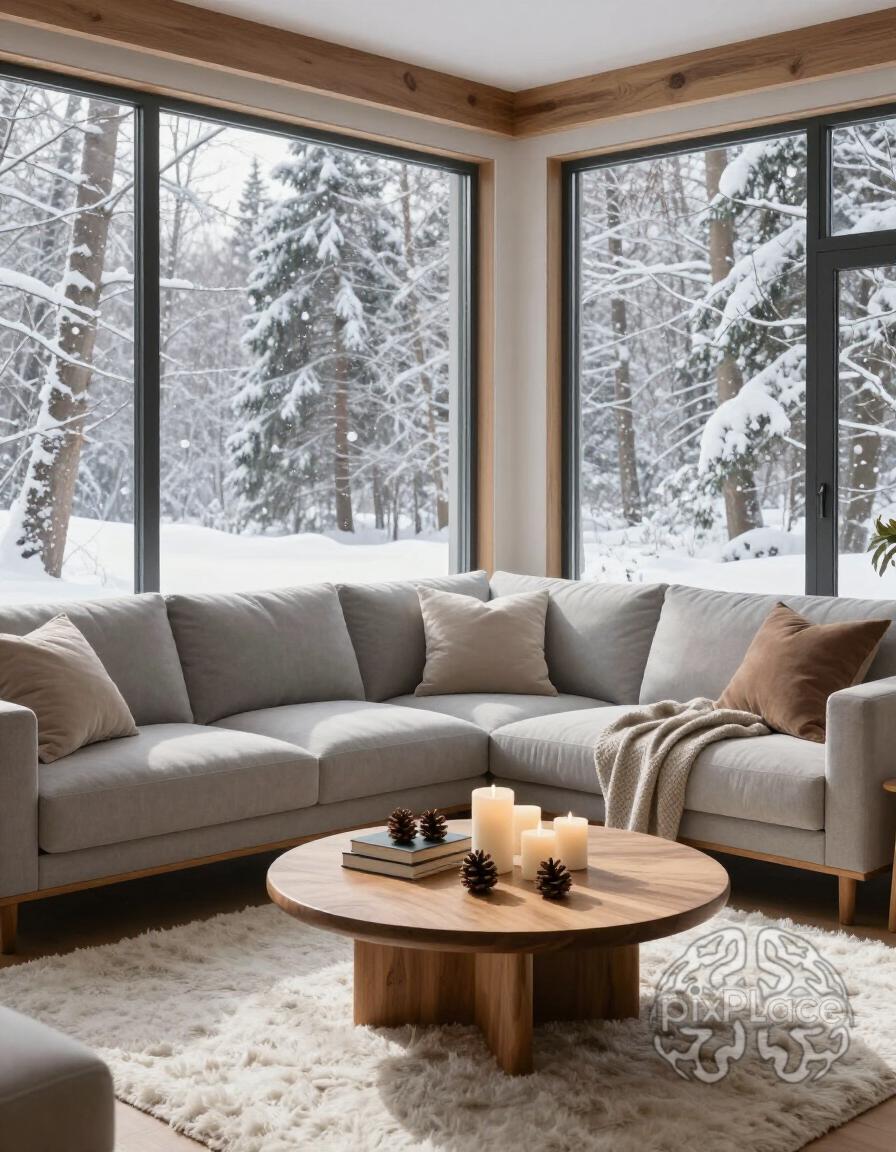 A cozy living room with a large window showing a snowy forest, a light gray sofa, and a wooden coffee table with candles and pinecones.
