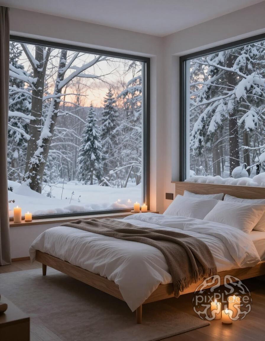A peaceful winter bedroom with a wooden bed, white linens, and brown blanket, surrounded by candles and a large window showing a snowy forest.