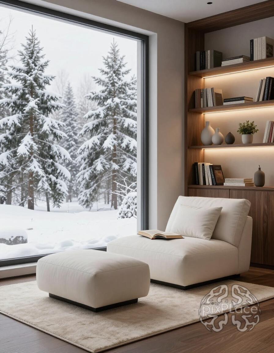 A cozy reading nook with a white chaise longue and built-in shelving unit, overlooking snow-covered pine trees through a large window.