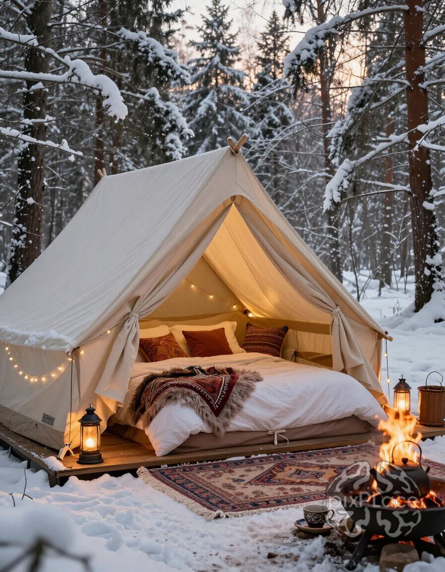 A luxurious canvas tent in a snowy forest, with a warm interior and a cozy fire pit.