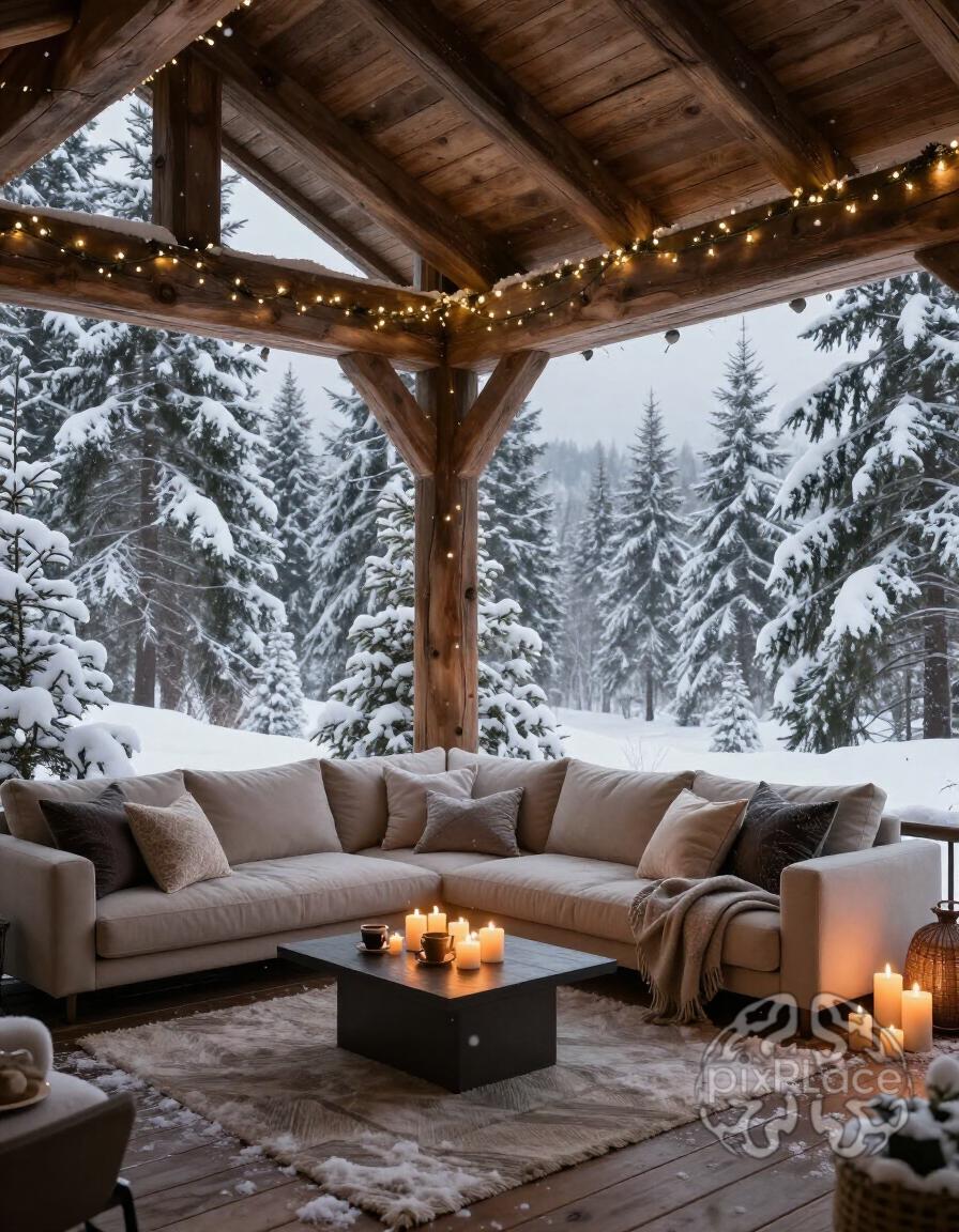 A cozy outdoor seating area with a beige sofa, surrounded by snow-covered trees and lit by candles and string lights