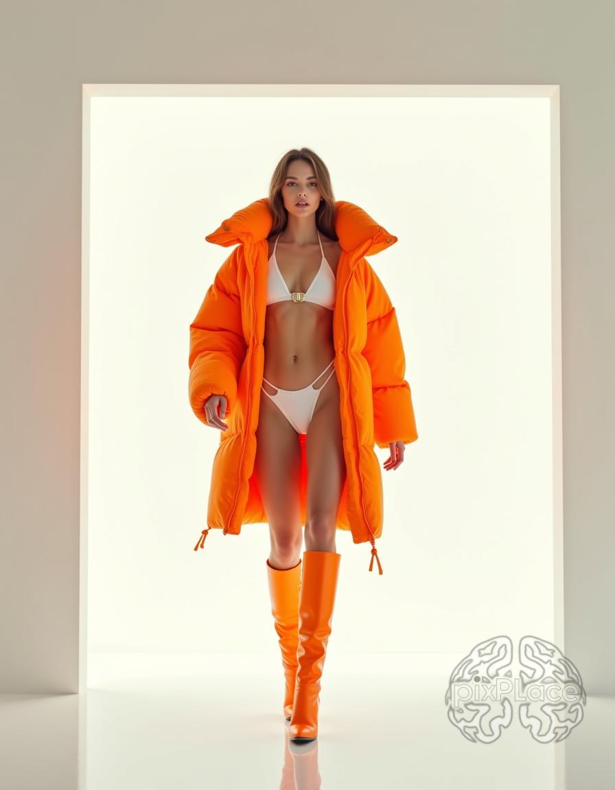 Woman in orange puffer jacket and white bikini walking out of a bright doorway.