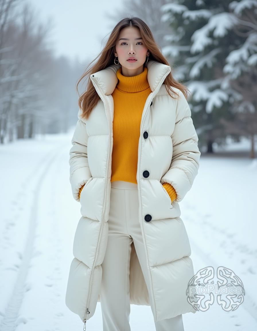 Woman in white puffer coat and yellow sweater standing in snowy woods