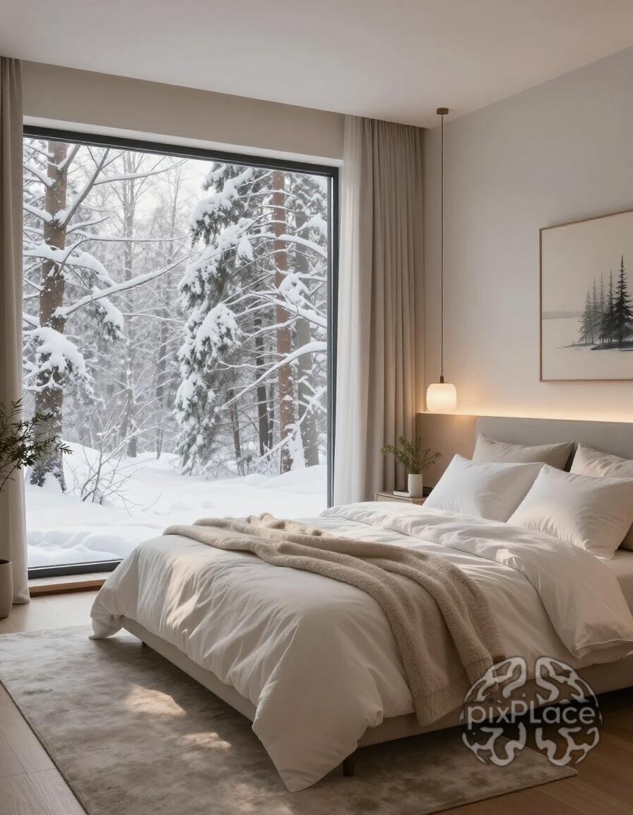 A serene winter bedroom with a large window, minimalist bed, and fluffy throw blanket, surrounded by a snow-covered forest view.
