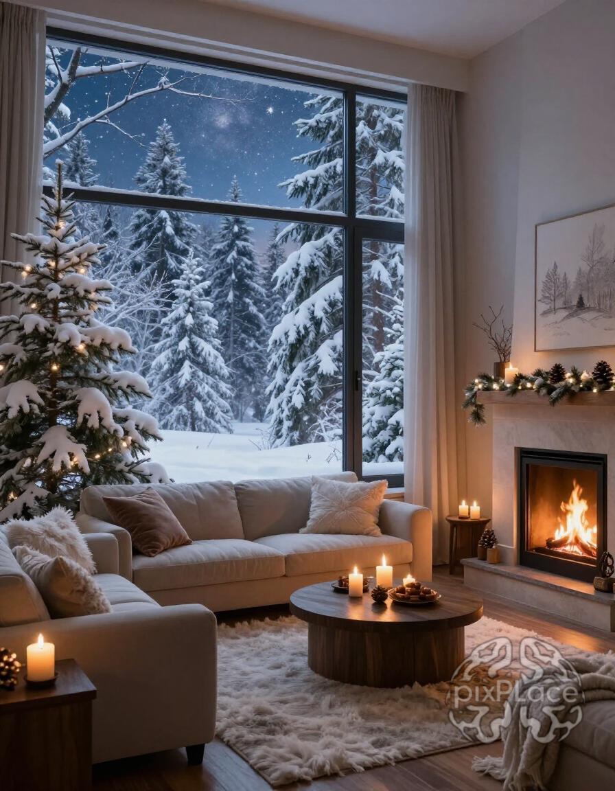 A cozy living room with a large window showing a snowy forest, decorated with pine trees and warm candlelight.