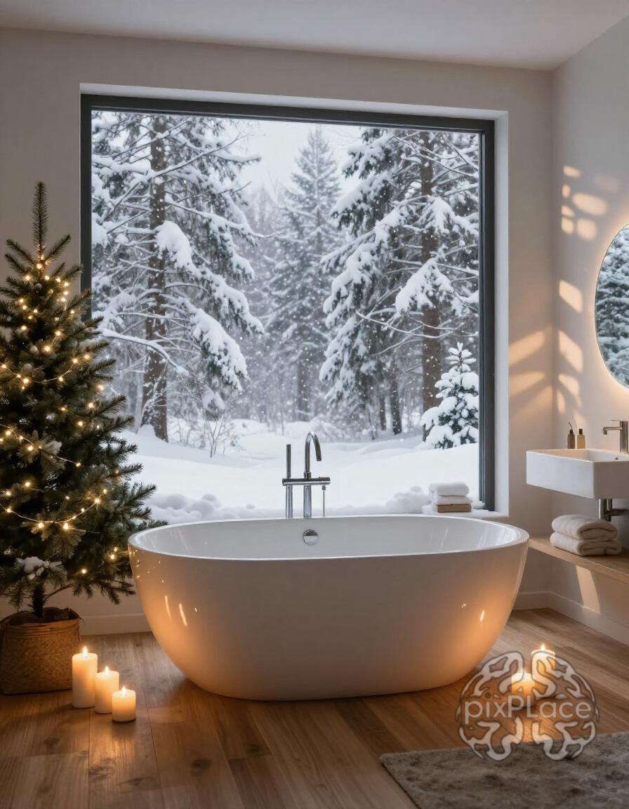 A modern bathroom with a round bathtub, candles, and a Christmas tree, overlooking a snowy forest through a large window.
