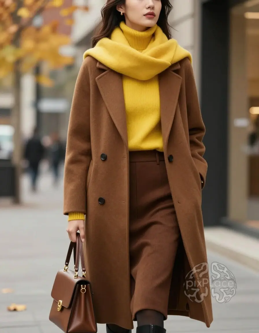 Woman wearing brown coat, yellow turtleneck sweater, and brown skirt, standing on a city street with autumn leaves in the background.