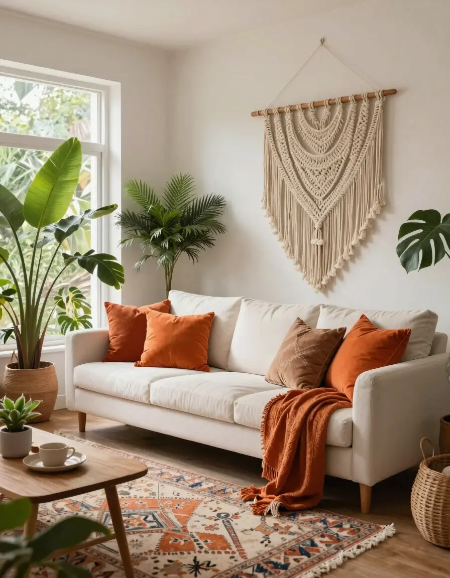 A collage of six bohemian living room designs, featuring white couches, colorful pillows, macrame wall hangings, and lush greenery.
