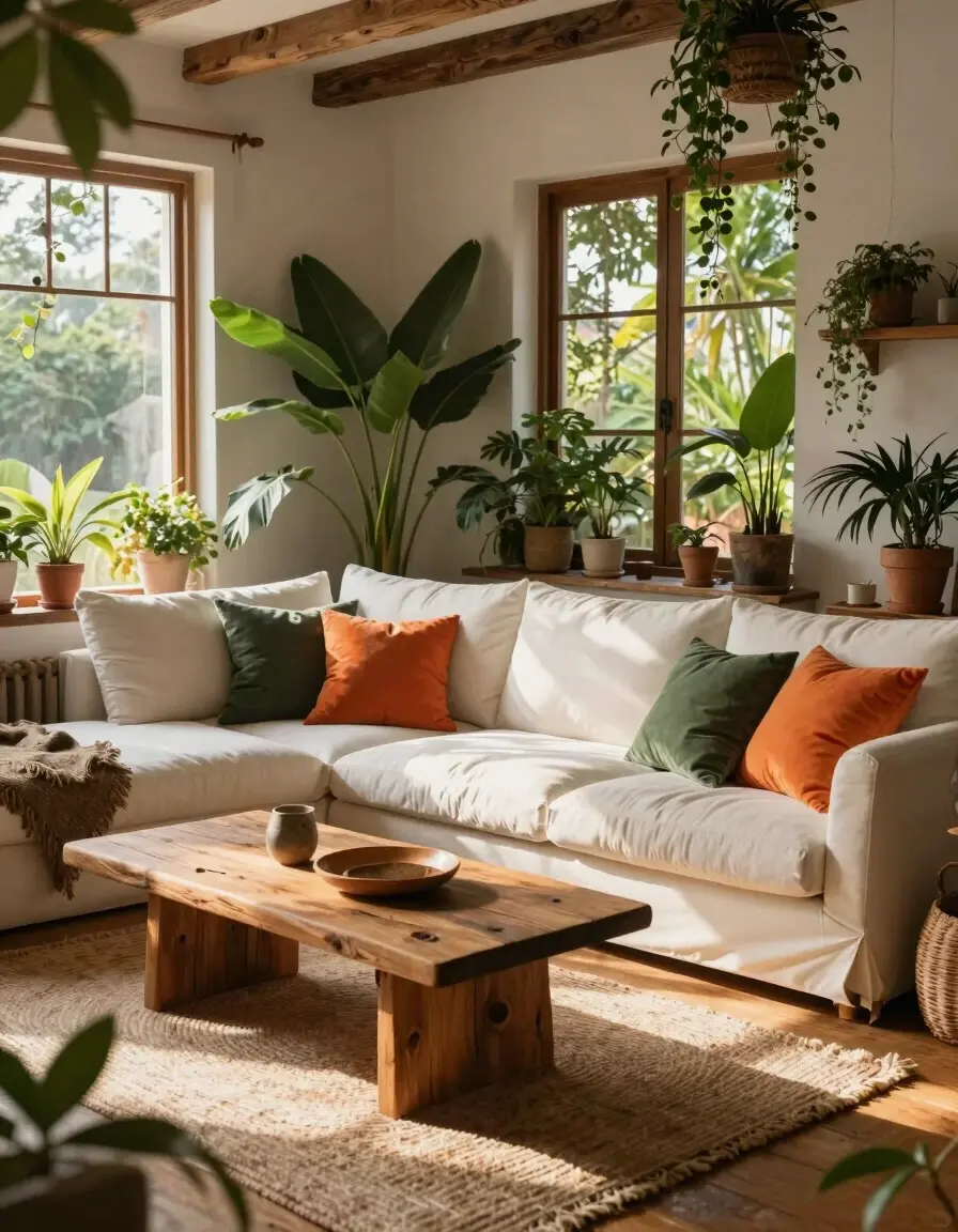 A collage of bohemian living room designs featuring white sofas, wooden furniture, and lush greenery.