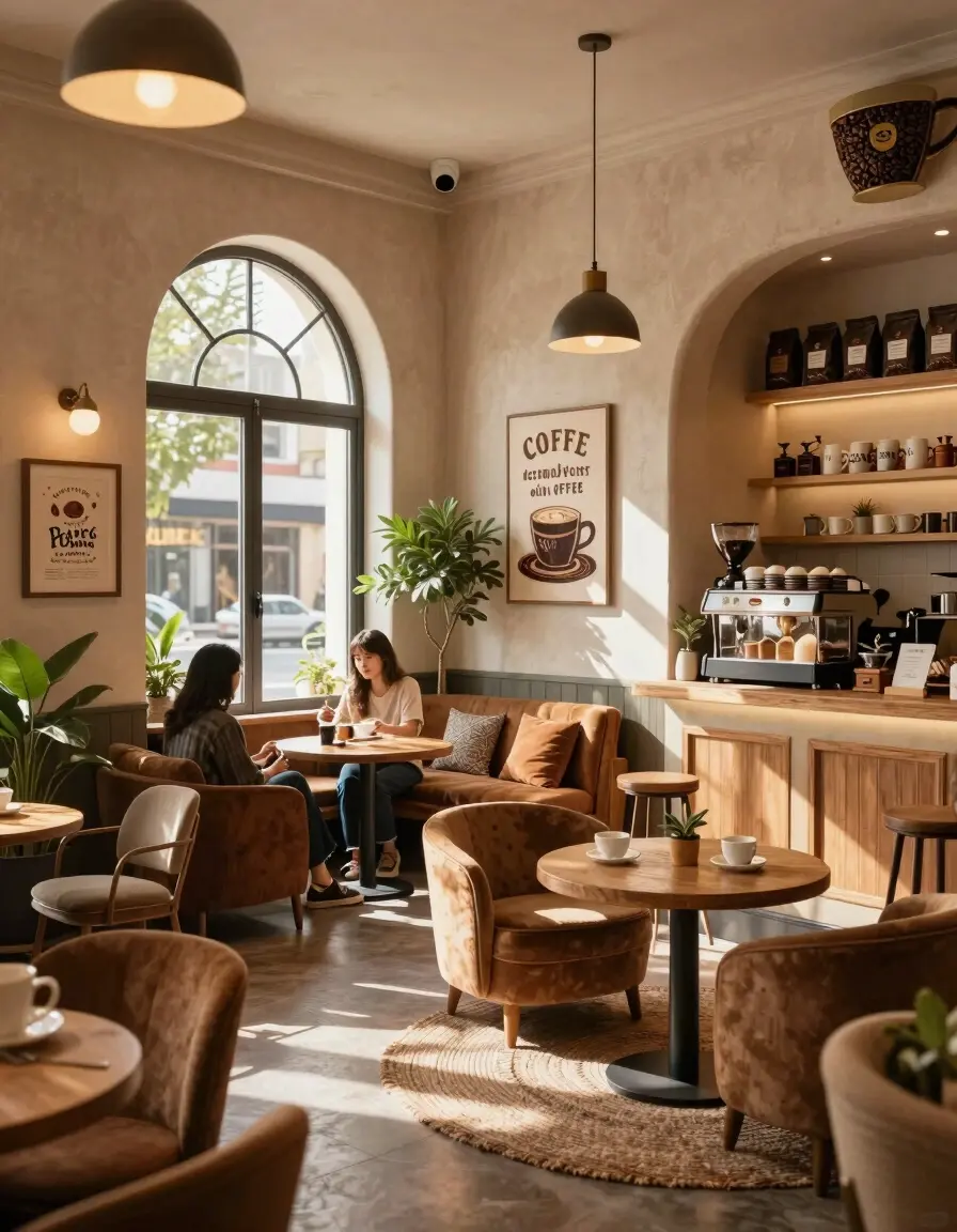 A miniature coffee cup building with a coffee shop interior, featuring a balcony, awning, and warm lighting, set on a wooden table amidst coffee beans.
