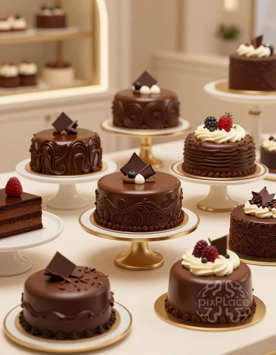 A variety of chocolate cakes with chocolate ganache, whipped cream, and fresh berries, arranged on decorative stands and plates.