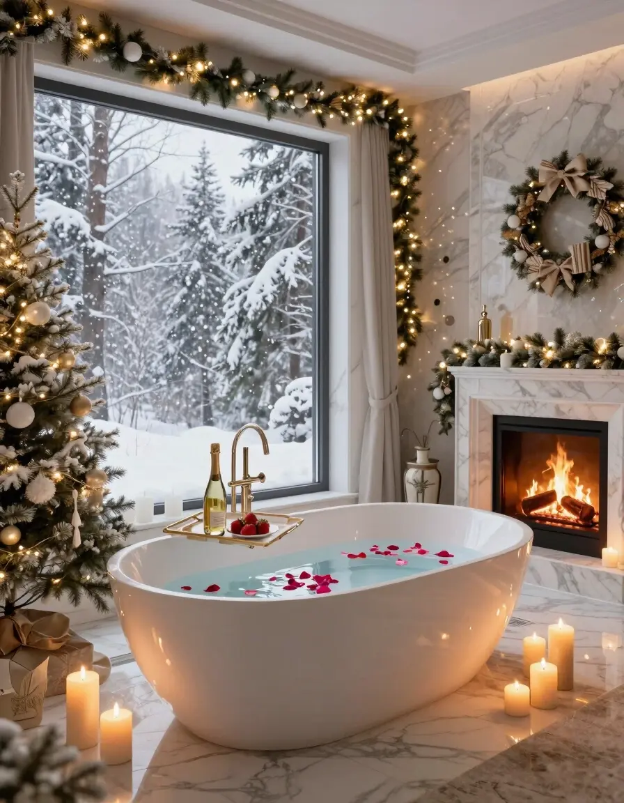 Bathroom with white bathtub, candles, and Christmas tree, with snowy forest outside the window.