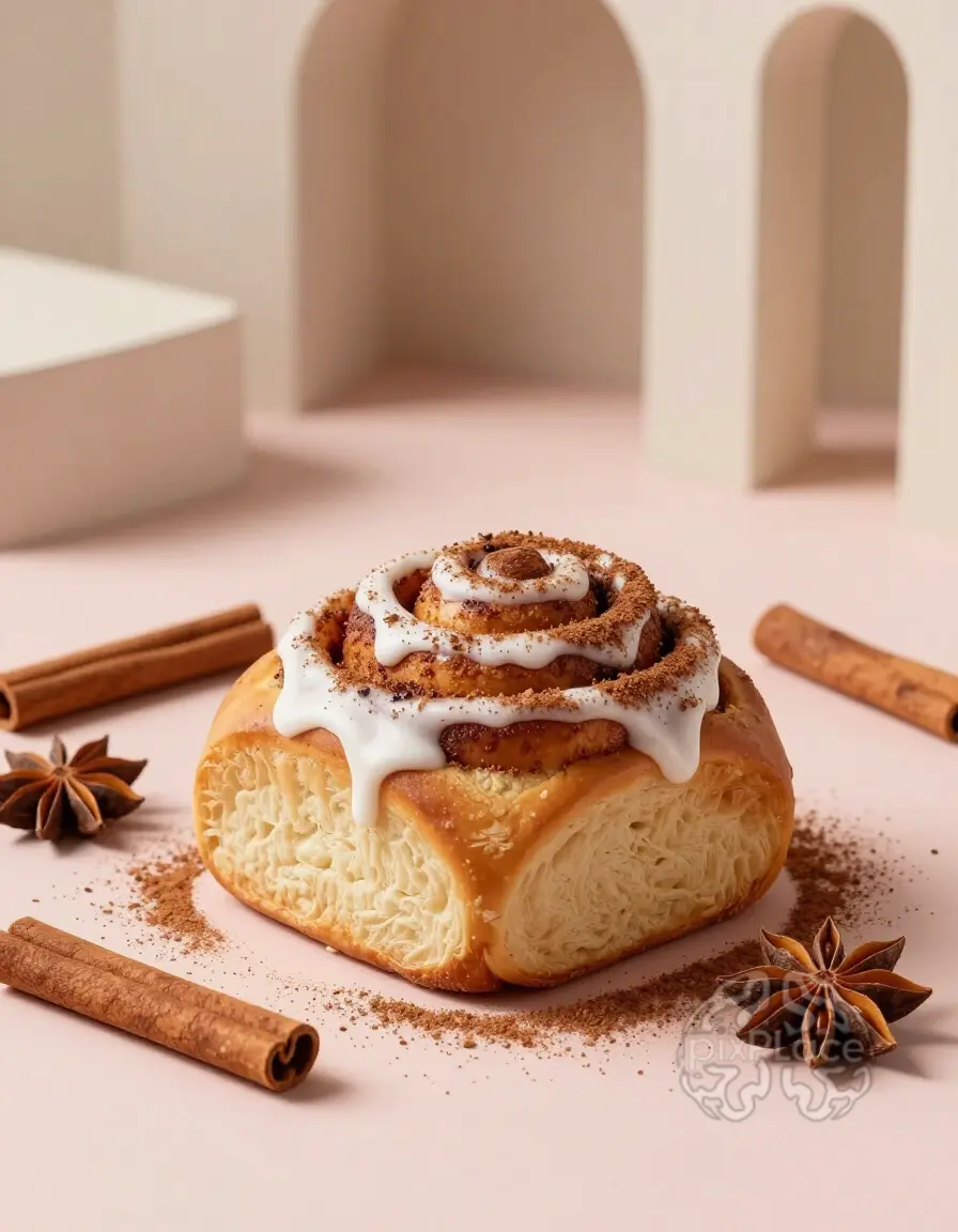 A delicious cinnamon roll with white icing and cinnamon sticks on a pink surface