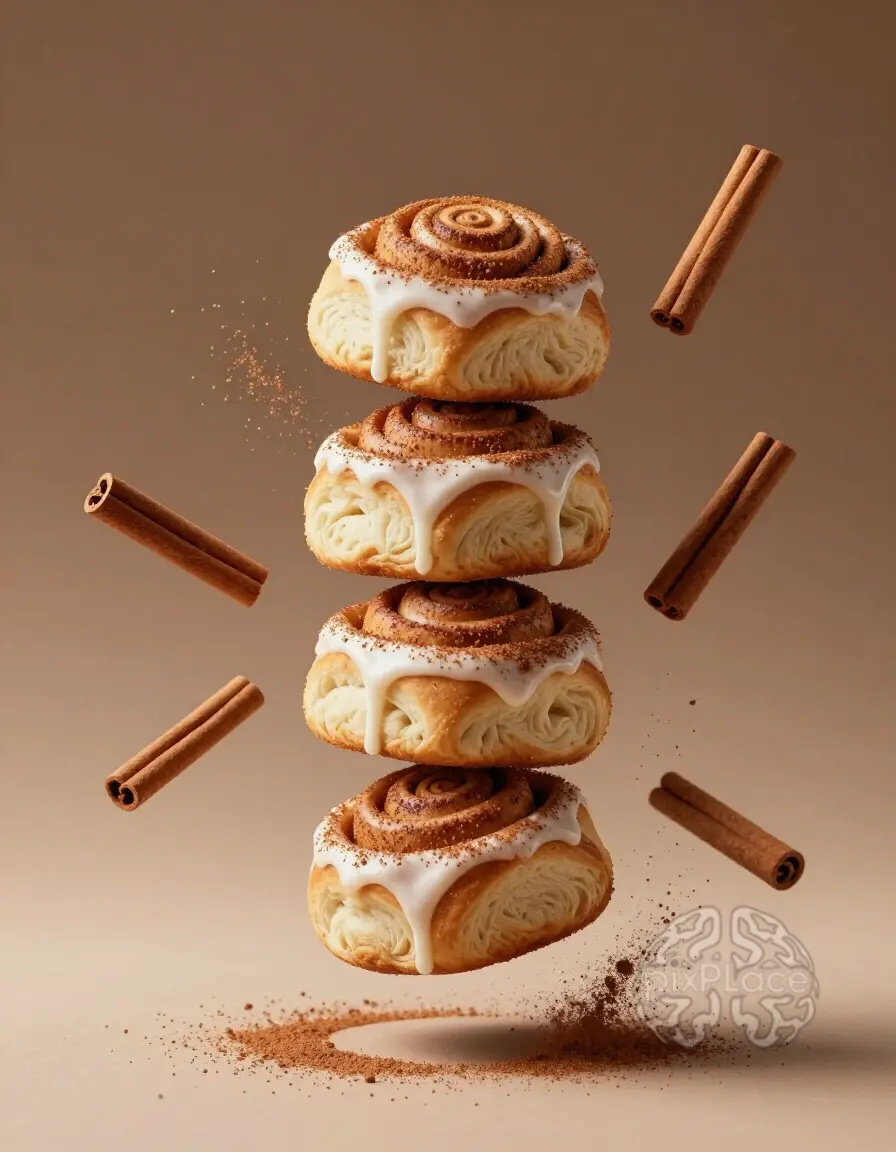 Stack of cinnamon rolls floating in mid-air with cinnamon sticks and sugar particles around them