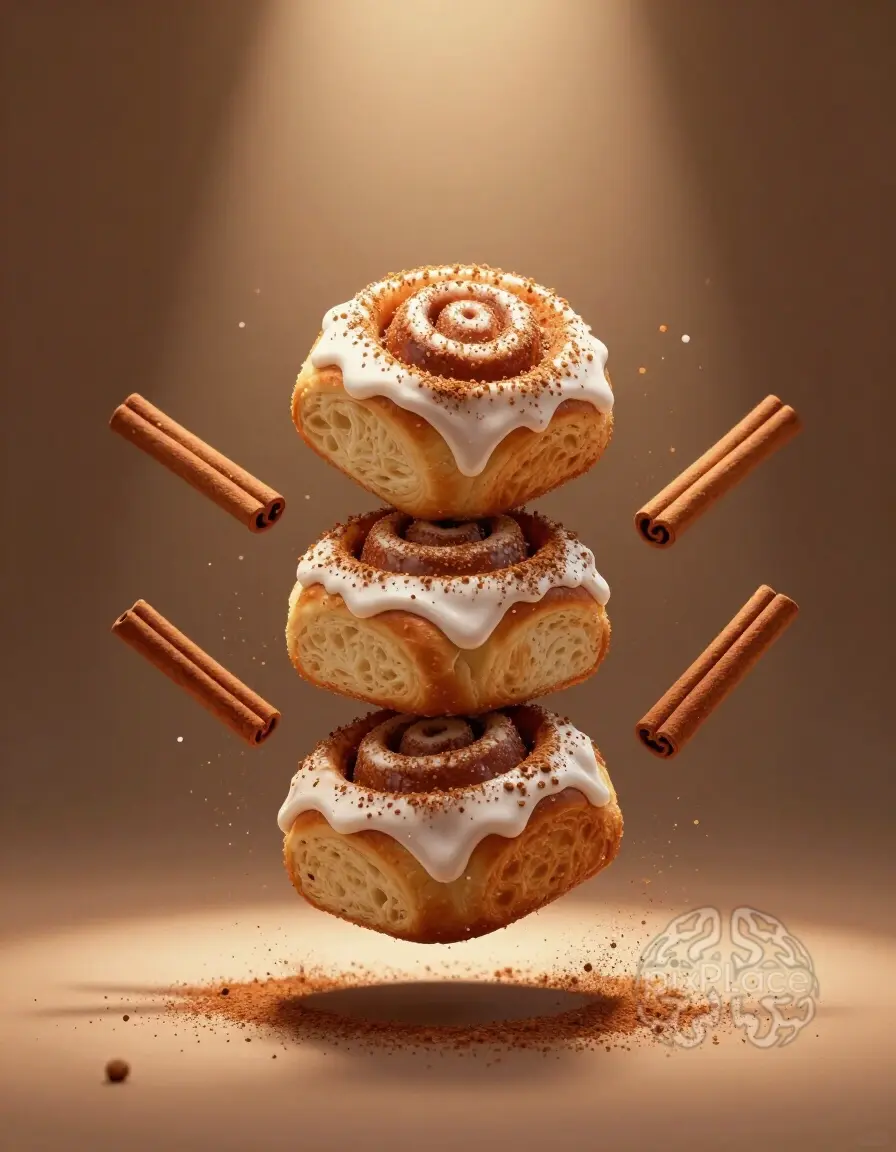 Stack of cinnamon rolls with white icing and cinnamon sprinkles floating in mid-air with cinnamon sticks and sugar particles