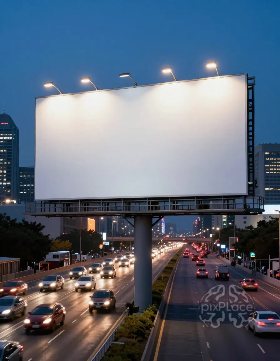 Large blank billboard illuminated at dusk above a highway with city skyline in the background.