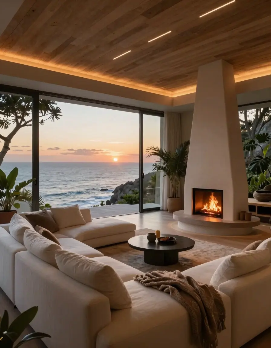 Cliffside living room with ocean view, circular fireplace, and white sectional sofa