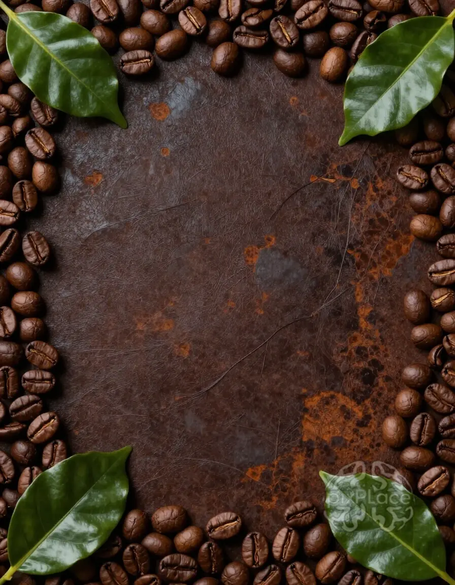Dark brown textured surface with coffee beans and green leaves