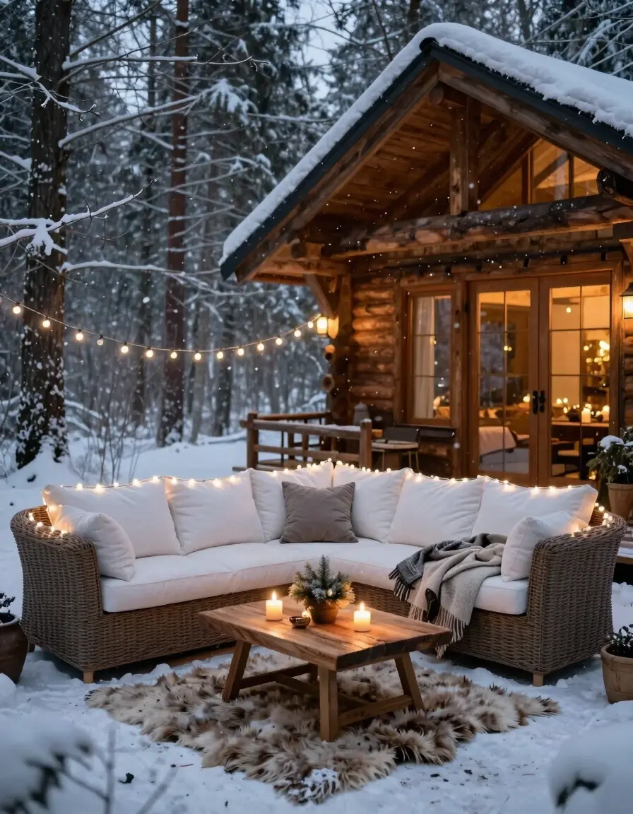 A cozy cabin's outdoor seating area in a snowy forest at dusk, featuring a wicker sofa and string lights.