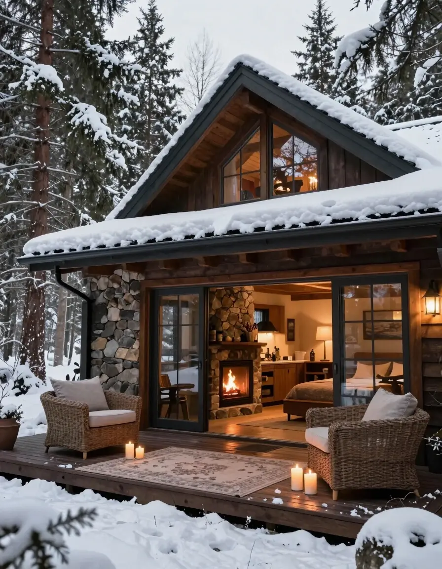 A cozy cabin in a snowy forest, with a large deck and open-plan living area, featuring a stone fireplace, kitchen, and bedroom, surrounded by tall evergreen trees and a serene winter atmosphere.