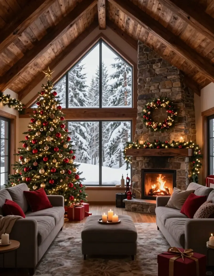 A warm and cozy living room with a stone fireplace, gray sofas, and Christmas decorations, featuring a large window with a snowy forest view.