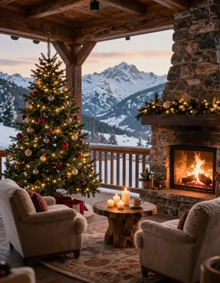 A cozy cabin porch with a Christmas tree, chairs, and fireplace, surrounded by snow-covered mountains at sunset.
