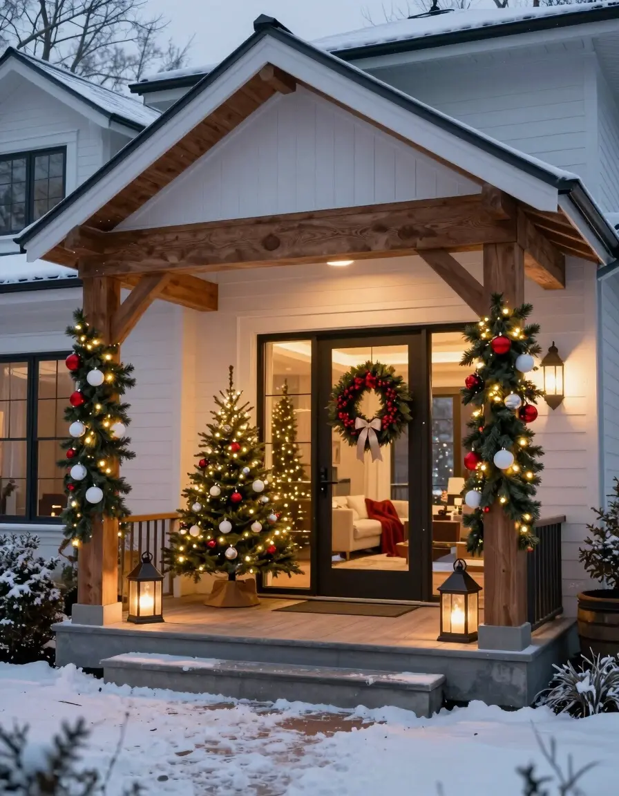 A cozy modern home's entrance decorated for Christmas, with a covered porch, festive wreath, and snow-covered surroundings.