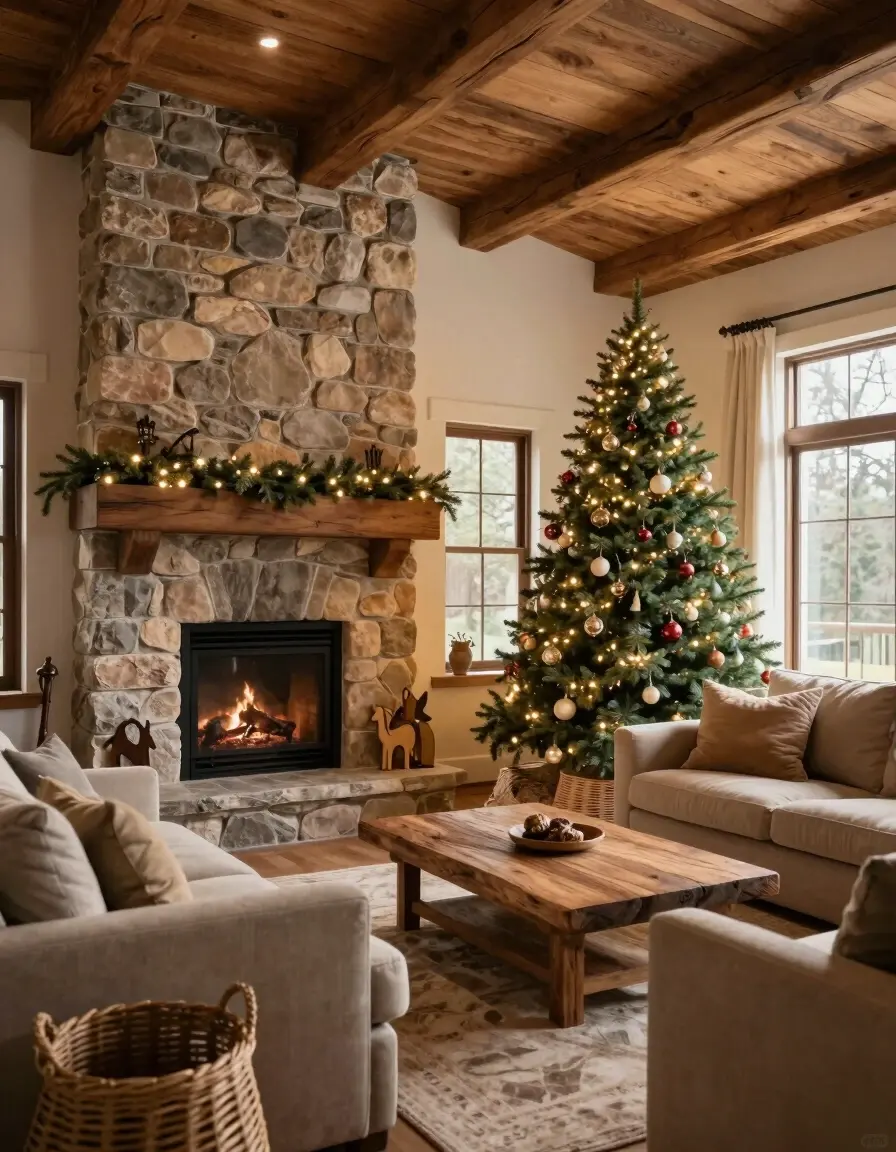 A cozy living room with a stone fireplace, wooden ceiling, and a Christmas tree, decorated with lights and ornaments.