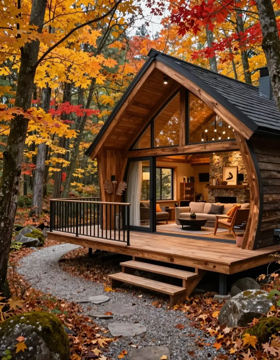 A modern wooden cabin with a unique design, nestled in a forest with autumn foliage, featuring large windows and a cozy interior.