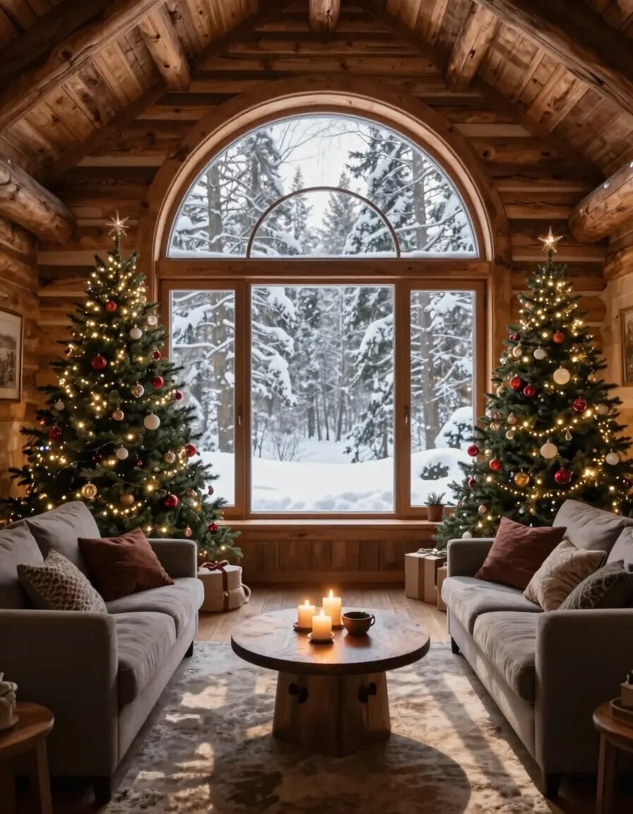 A cozy log cabin living room with a large arched window, Christmas trees, and a warm seating area.