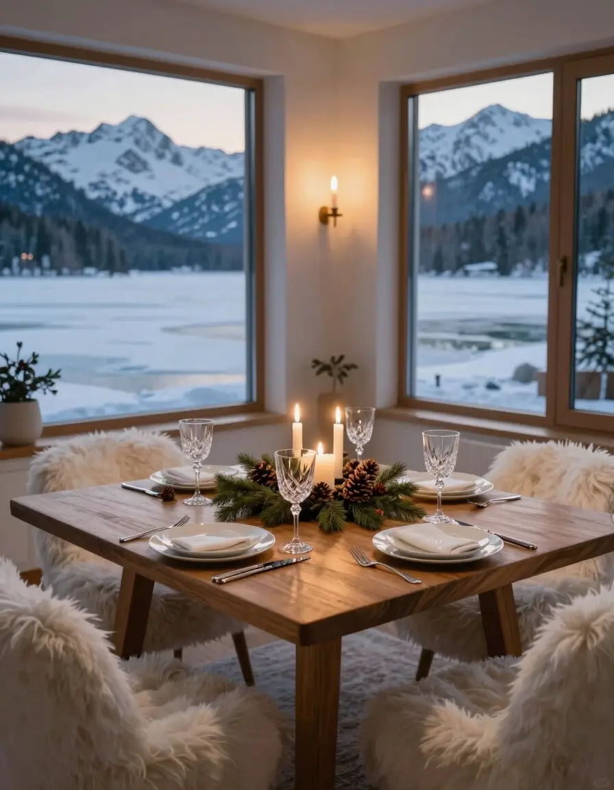 A warm and inviting dining area with a wooden table set for dinner, surrounded by fluffy white chairs, and large windows with a view of snow-capped mountains.