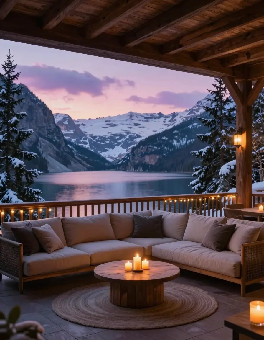 A cozy patio with beige sofa and wooden coffee table surrounded by snow-covered trees and a serene mountain lake.