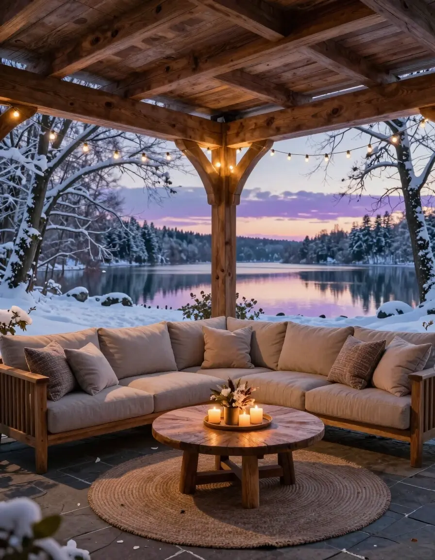 A cozy outdoor seating area with a wooden pergola, beige sectional sofa, and round wooden coffee table, surrounded by snow-covered trees and a serene lake in the background at dusk.