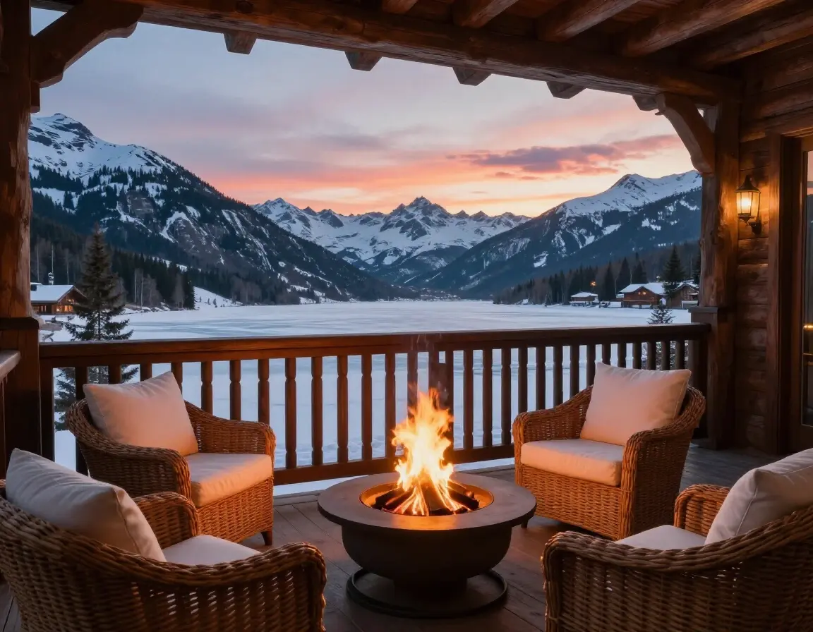 Cozy mountain lodge balcony with fire pit and wicker armchairs, overlooking snow-covered mountains and frozen lake at sunset.
