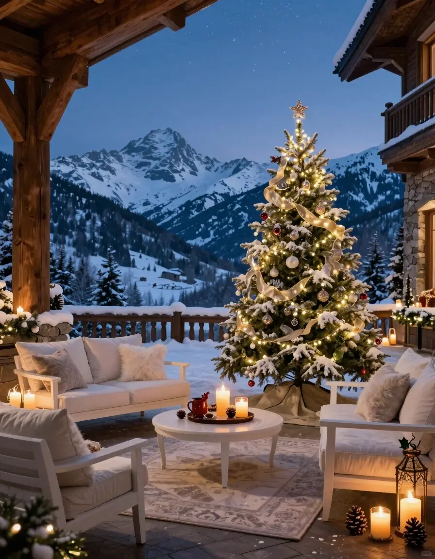 A luxurious mountain lodge's outdoor patio decorated for Christmas with white furniture and a snow-covered Christmas tree.