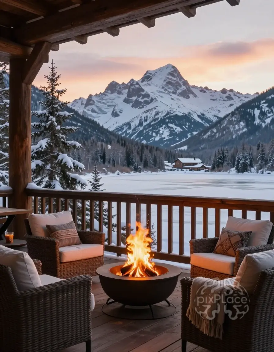 A cozy mountain lodge patio with a fire pit, wicker furniture, and a breathtaking view of snow-capped mountains at sunrise or sunset.